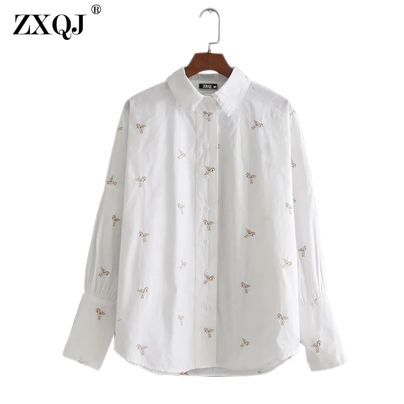 Elegant Floral Embroidery Shirts Autumn Women Casual