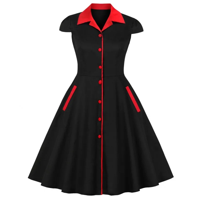 

2019 Summer Women Vintage Cotton Dress Block Rockabilly Turn Down Cap Sleeves Swing Retro Black Dress Party Feminino Vestidos