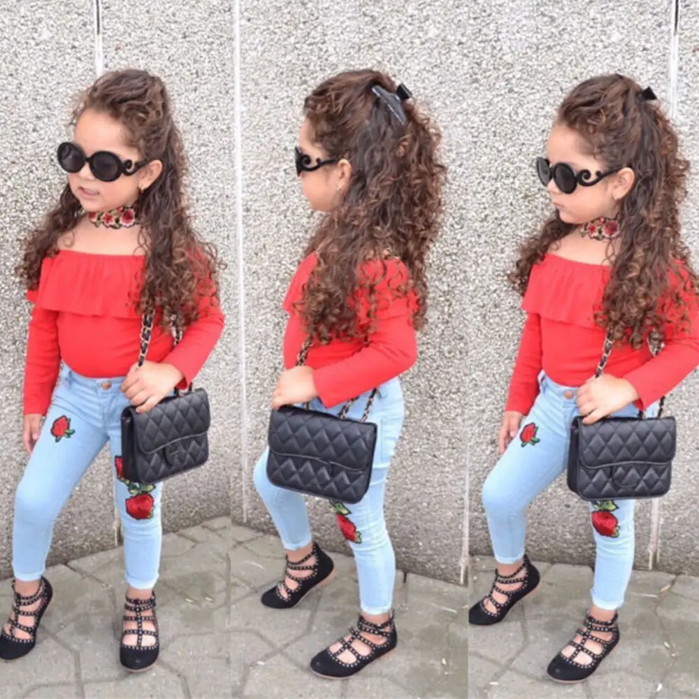 

Toddler Baby Kids Girls Off Shoulder Top+ Print Jeans Pants Long Sleeve Chic Autumn Winter Children Girl Clothes