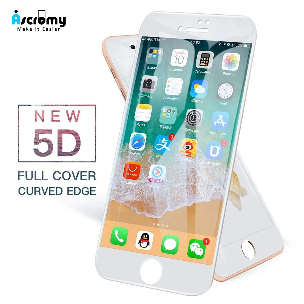 

Ascromy 2PCS 5D Curved Edge Tempered Glass Screen Protector for iPhone 7 8 Plus X 6 6S vitre Full Cover Verre Trempe Protection