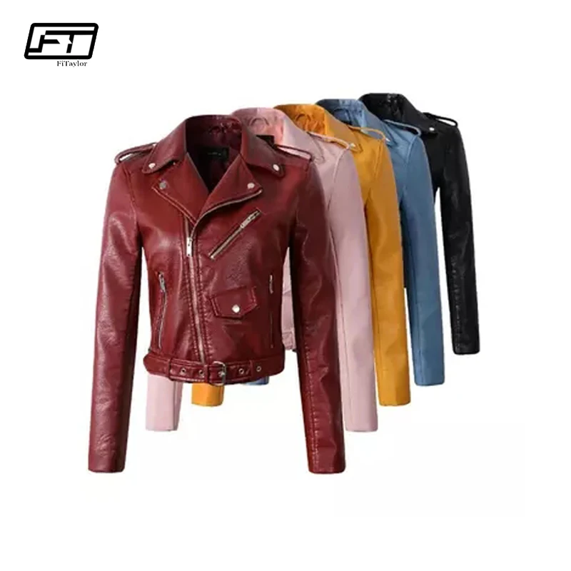 

Fitaylor Spring Autumn Fashion Motorcycle Jacket Women Turn-down Collar Zipper Short Coat Moto & Biker Female Leather Jacket