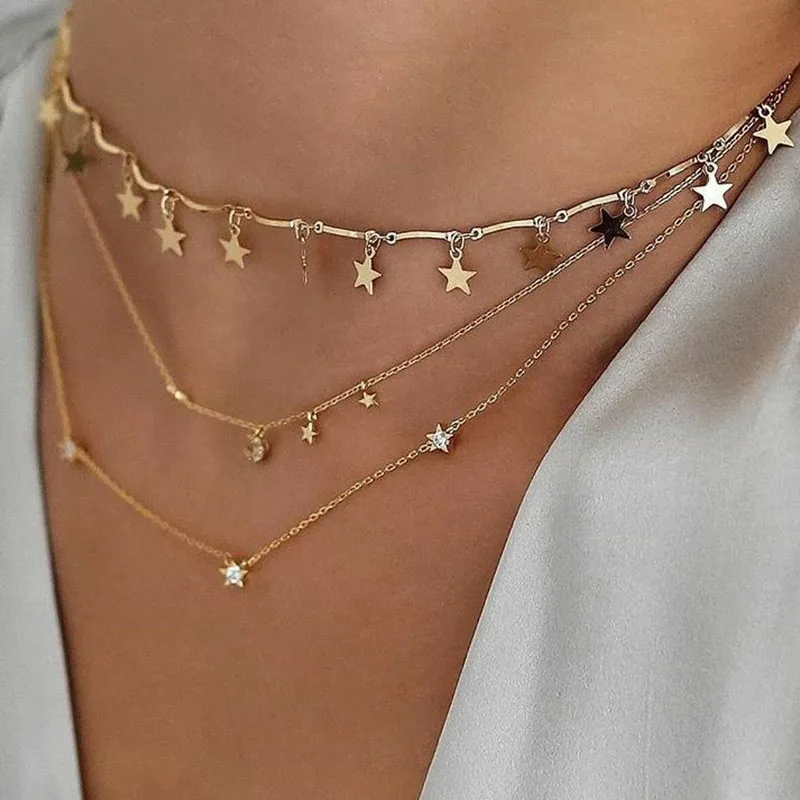 

free shipping New Style Gold Necklace Women Personality Pentagonal Luxury Crystal Star Moon Multi-Layer Pendent Necklace Jewelry