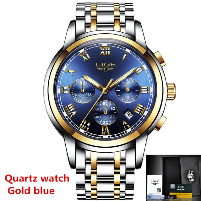 LIGE мужские часы Топ люксовый бренд автоматические механические часы мужские полностью стальные бизнес водонепроницаемые спортивные часы Relogio Masculino - Цвет: Gold blue Quartz