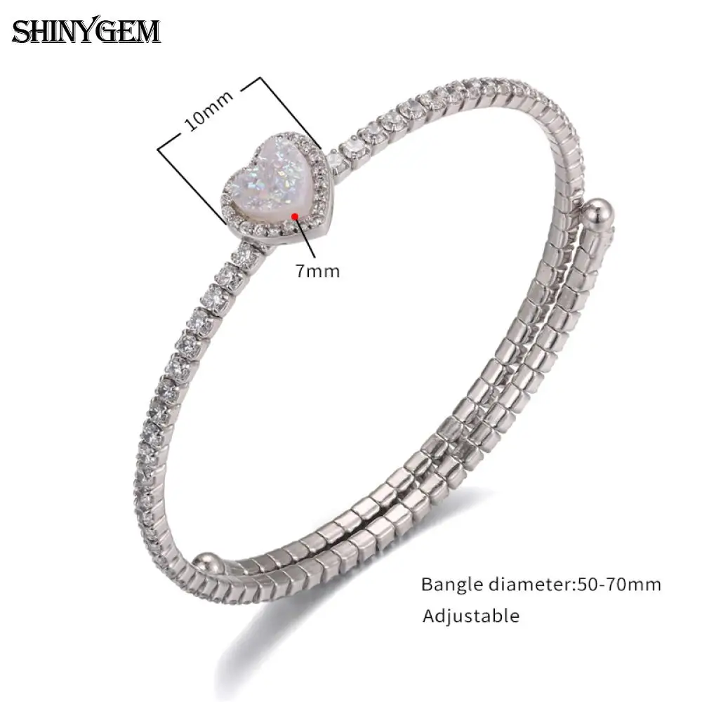 Kopen ShinyGem Kleine Liefde Hart Natuurlijke Druzy Steen Armband Luxe Verstelbare 925 Sterling Zilveren Open Manchet Armbanden Voor Vrouwen