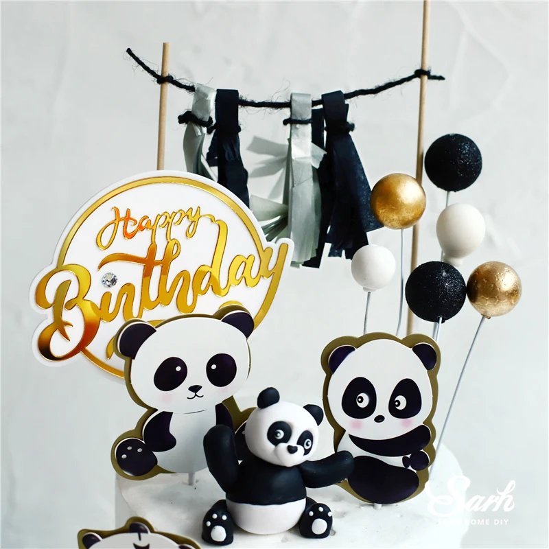 Panda bamboo Cake Topper Happy Birthday Turtle leaf Clay Decoration for Children's Boy Girl Party Supplies Baking Lovely Gifts