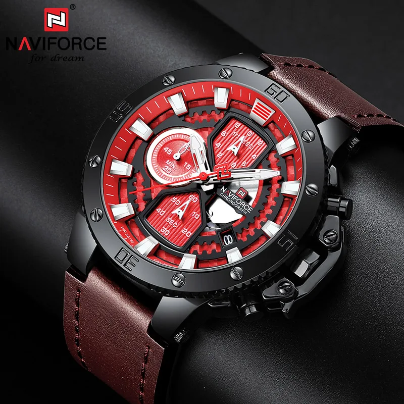 NAVIFORCE мужские часы красные большие Роскошные наручные с хронографом кварцевые