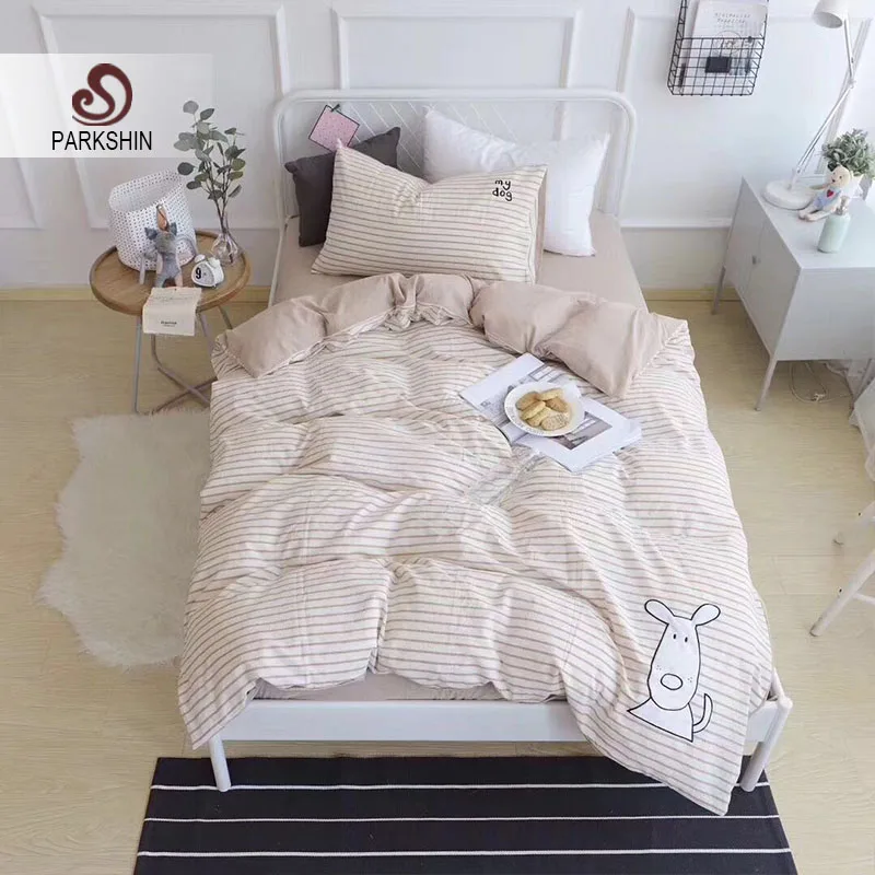 

ParkShin Puppy Stripe Bedding Set Kids Camel Bedspread Comforter Duvet Cover Cute Linens Cotton Double Sheets Cartoon Bedclothes