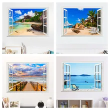 Adesivos de parede 3d para quarto, arte de paisagem, decalques de pvc, ilha do mar e janela 3d decoração de casa faça você mesmo