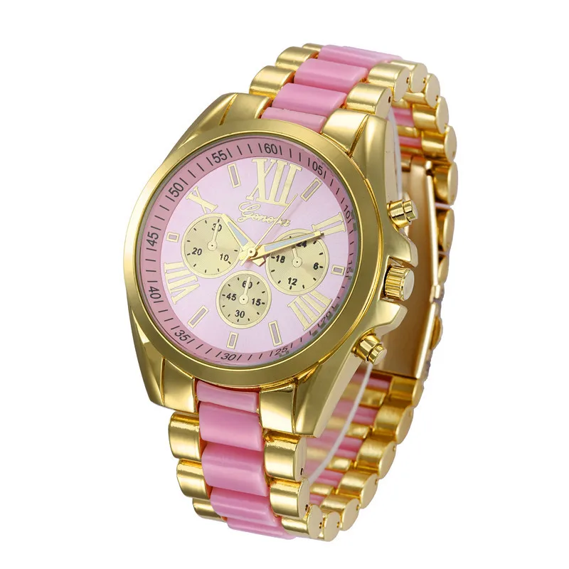 Geneva silicone watch Ladies Golden Stainless Steel Watchband Quartz Watch with Roman Numerals Dial for Women