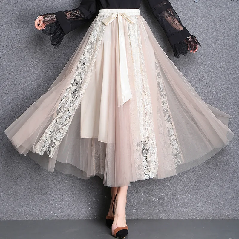 

2019 Spring New Tulle Skirts Women Mesh Lace Patchwork Jupes with Bow Ladiesl Long Elastic Empire Lolita Bridesmaid Faldas Mujer