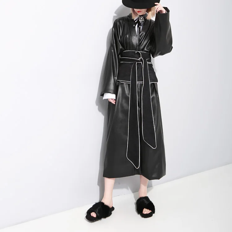 Femmes Fait Américain Style En Lâche Couverture Ceinture Taille Et Européen Pour Noir Souple Cuir Manteau 1xOtwr1Aq