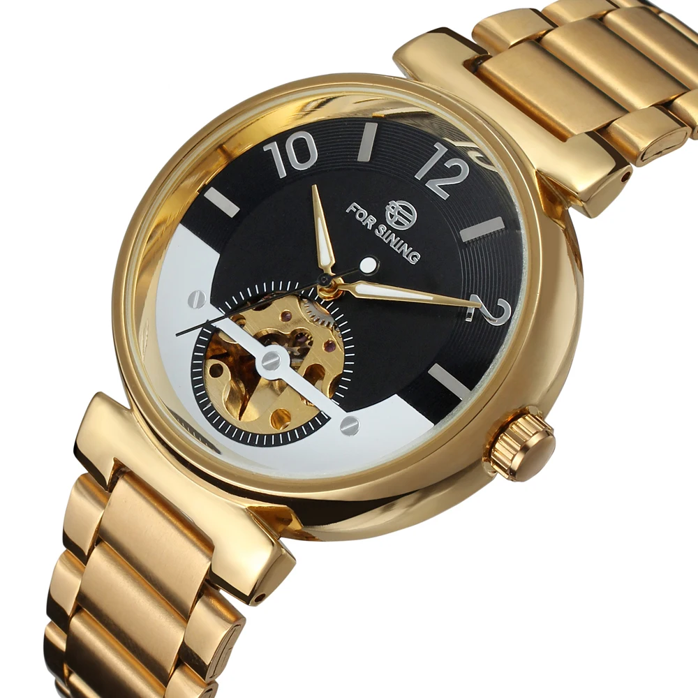 

FORSINING WATCH Creative luxury two-color dial black gold strap mechanical men's wrist watch steel belt