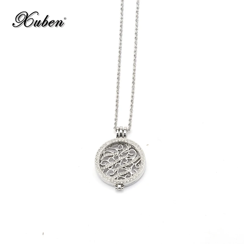 

2018 New silver coin necklace 35 mm holder Pendant for Women Crystal 33 mm disc Stainless steel chain 80 cm