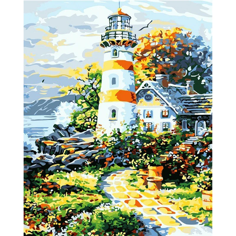 

Frameless modular Pictures DIY Digital Oil Painting By Numbers on the canvas Lighthouse home of the paintings on the wall 40*50