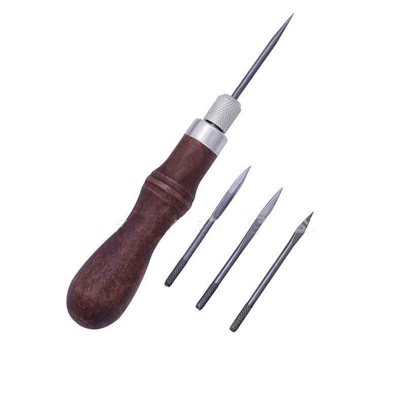 YouCY Leather Awl 4 in 1 Leather Sewing Tool Wooden Handle with 4 Pcs Replaceable Cutting Edge Leather Cone Sewing Awl Leather Threading Tool 