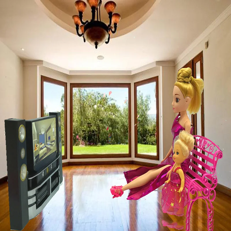 

Children's toy 21cm Mini Hi-Fi 1:6 TV Home Theater Cabinet Set Combo For Barbie Doll's house Accessories Appliance kids gift