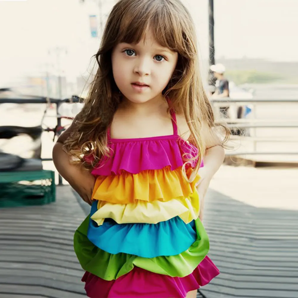Free shipping Children's swimwear baby girl Color cake Pleated swimsuit
