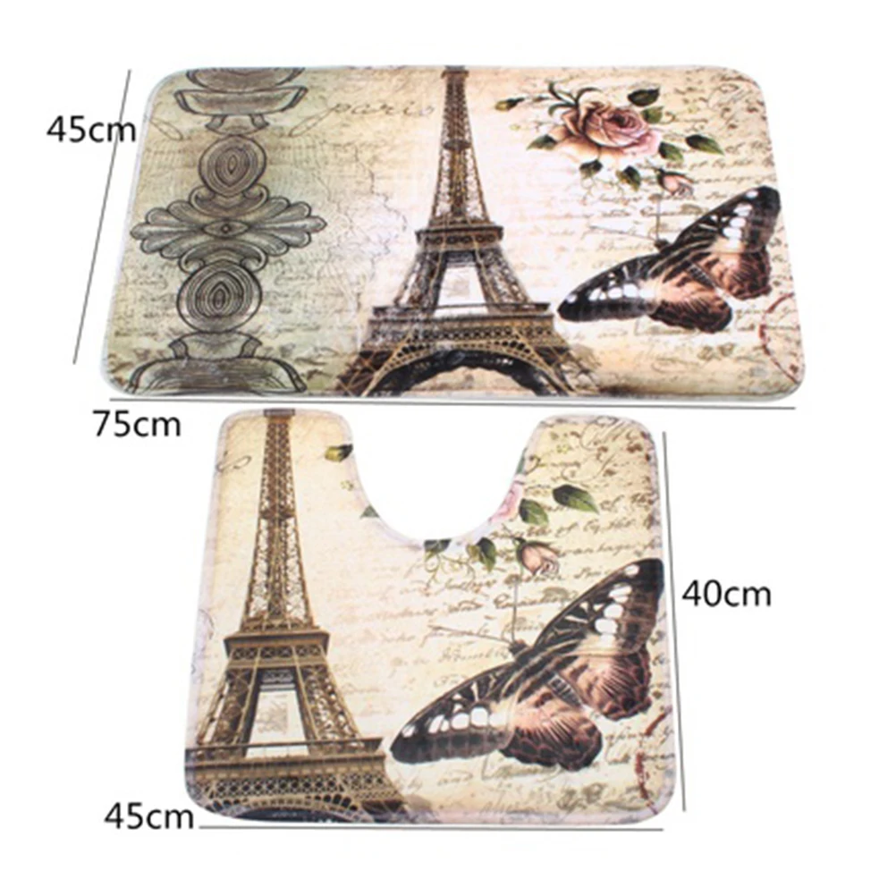 2 PCS=1 Set Bath Mats Eiffel Tower Pattern Non-Slip Soft Bathroom Toilet Pedestal Rug Bath Mat Floor Mat