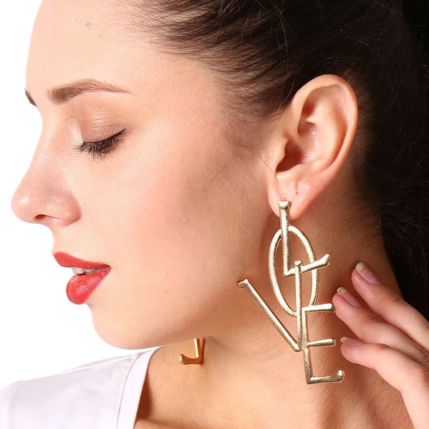 

New Fashion Unique Design Gold Color Letter Love Big Stud Earrings For Women Metal Statement Name Earrings Female Jewelry Gifts
