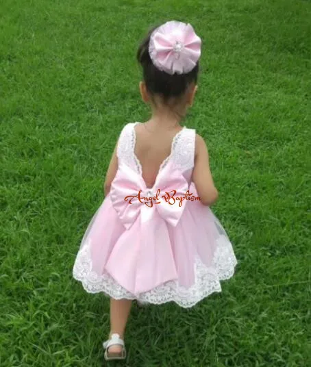 

Ball gown puffy V-back knee-length pink short flower girl dresses crystals bow baby 1 year birthday party outfit with headpiece