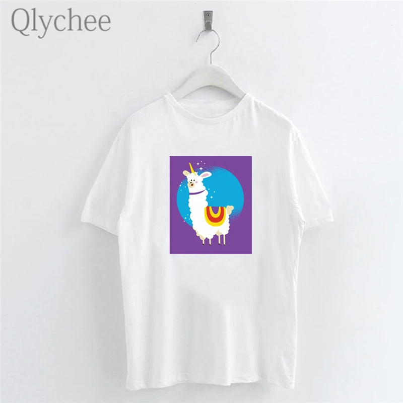 

Qlychee Harajuku Moon Alpaca Print Female T Shirts Top Tees Crew Neck Short Sleeve Summer Spring Loose Women T-shirts T Shirt