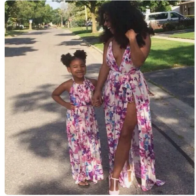 Mother Daughter Girls Daughter Family Matching Dress Floral Halter Lace-up Split Dress Outfits Girls Clothes Long Maxi Dresses