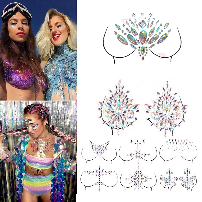 1 ورقة لاصق جوهرة ملصقا لزجة الوجه كريستال الجواهر مهرجان حزب ماكياج الصدر الوشم ملصقات الجسم المكياج 12 أنماط