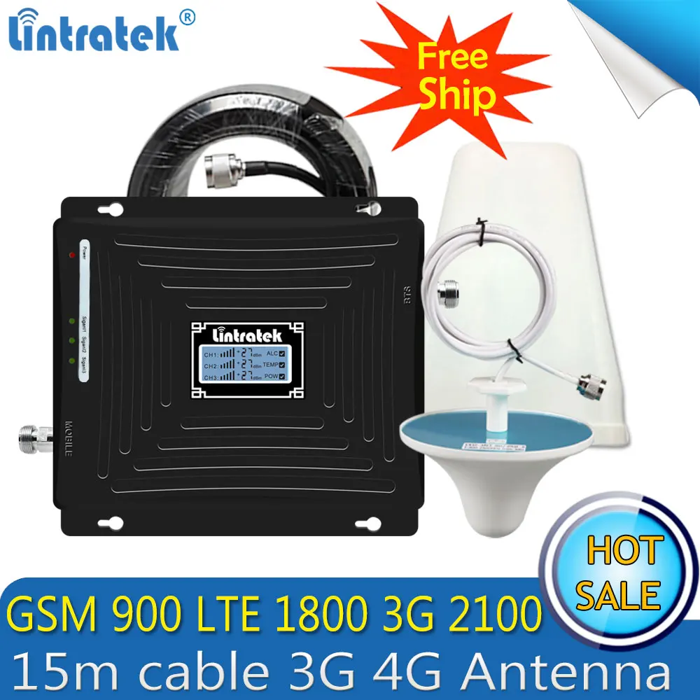 Lintratek 2G 3G 4G GSM повторитель 900 1800 2100 трехдиапазонный усилитель сигнала сотового