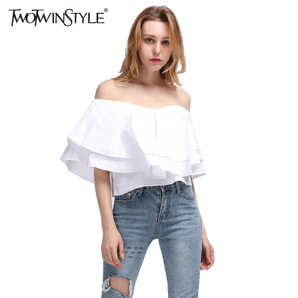 Twotwinstyle 2017 Summer Women Sexy Ruffle Slash Neck Blouse Crop Tops