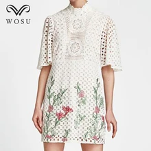 

WOSU Women Floral Printed Hollow Out Lace Dresses Short Sleeve Above Knee Dresses Empire Stand Collar A-Line Dresses BB235