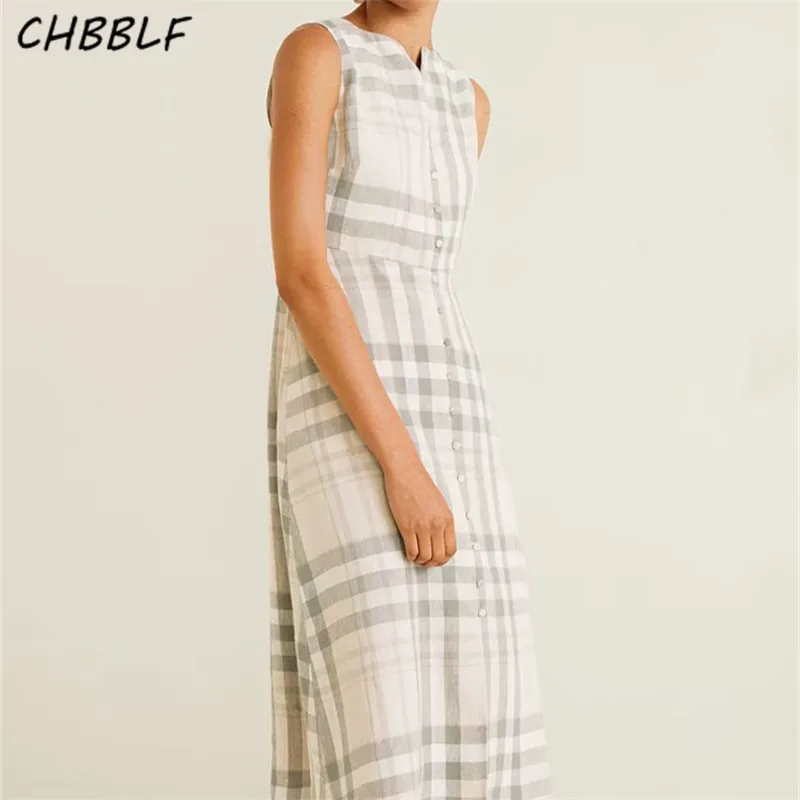 

CHBBLF women Vintage plaid dress sleeveless female casual elegant dresses chic summer vestidos XDN8839