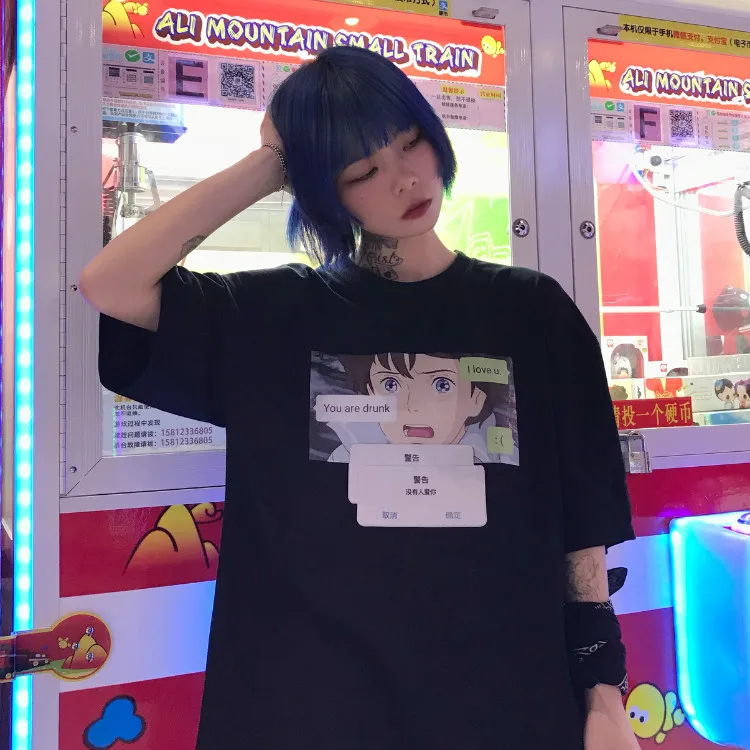 

Loose Homme Harajuku Japan Manga Girl Face English Nobody Love You Letter Print Funny Tee Shirt T Top T-shirt Korean Plus Size