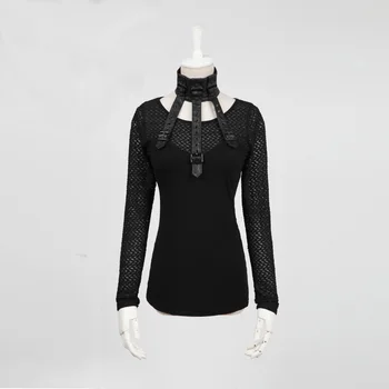 

Steampunk Summer Halter Style Long Sleeve Tee Shirt Black Sexy See-through Female T-Shirt Gothic Women Mesh Knitted T-Shirt Tops