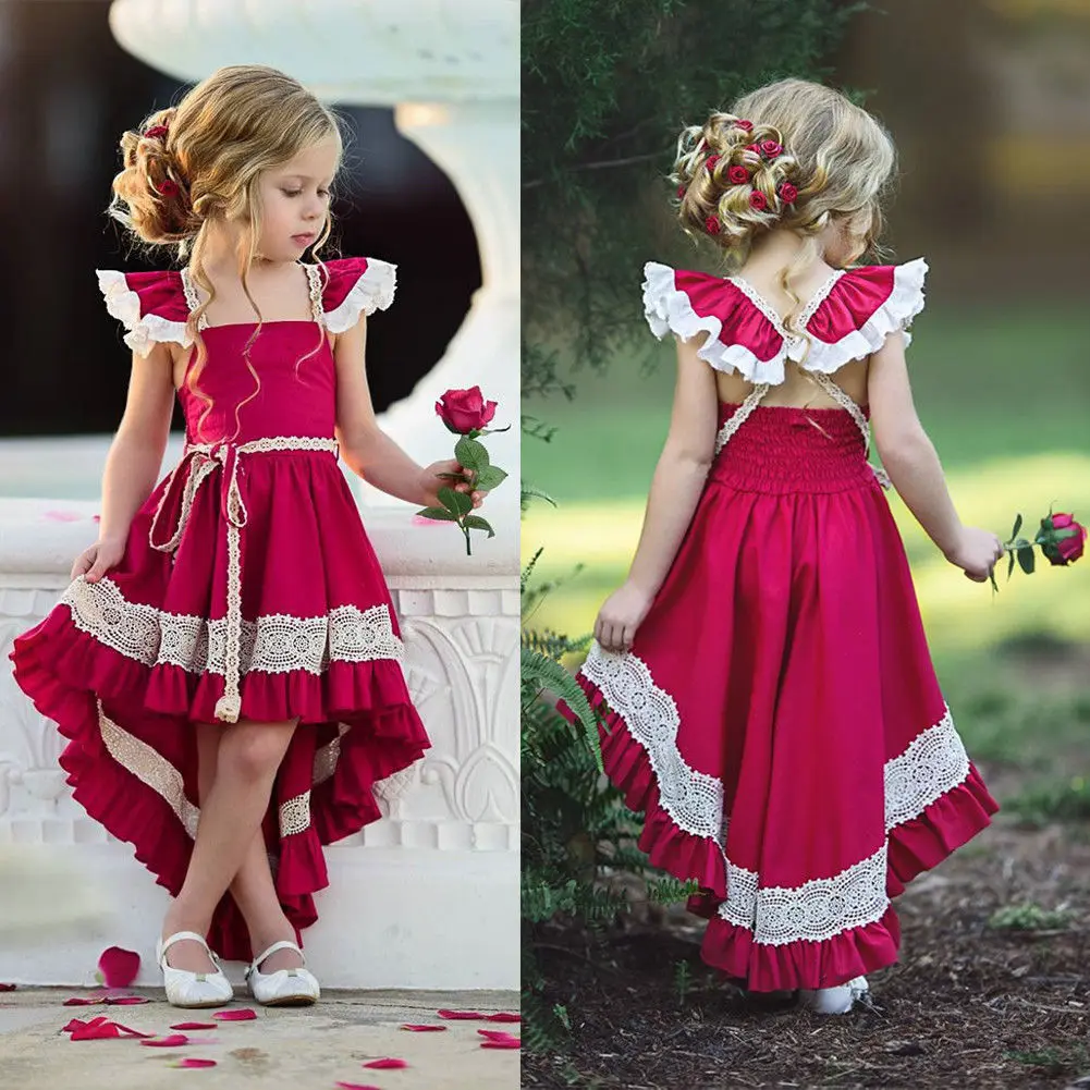 Детское кружевное платье с оборками для девочек вечерние платья без рукавов пышное платье вечерние платья без рукавов для маленьких девочек - Цвет: Red