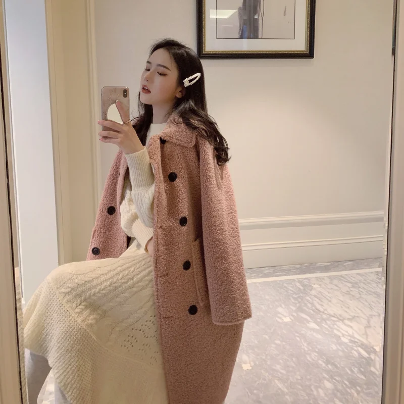 MUMUZI искусственный мех теплое зимнее пальто розовый для женщин Мода овчины кардиган длинный стиль куртка леди пальто Пуговицы верхняя одежда