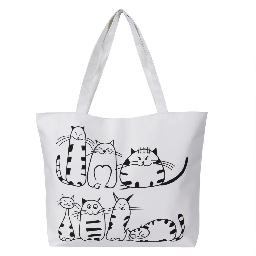 Women Cute Cartoon Cat Print Canvas Shoulder Bag Zipper Casual Tote Shopping Handbag Women Cute Cartoon Cat Print Canvas Shoulder Bag Zipper Casual Tote Shopping Handbag