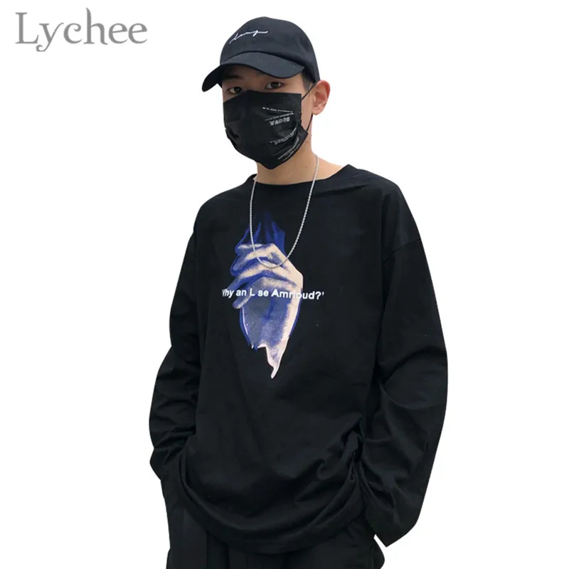 

Lychee Harajuku Flame Hand Letter Print Women T-shirt Long Sleeve O-Neck Female T Shirt Spring Tee Top