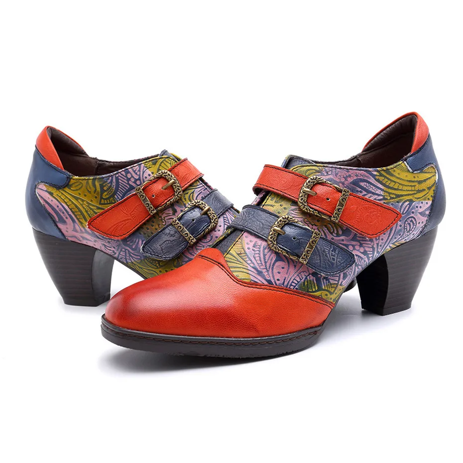 New Buckle Strap Heels Pumps Handmade Mixed Colors Casual Footwear Genuine Leather Comfortable Mother Shoes Woman Large Size 42 (5)