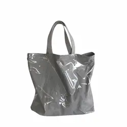 Для женщин ПВХ патч Холст Большая сумка серебристо-серый пляжная сумка Портативный плеча хозяйственная сумка Топ-ручка сумки Сумки