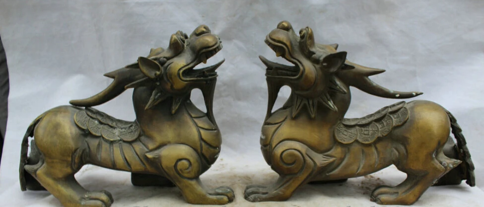 

JP S0524 16" Chinese Copper Feng Shui Wealth Unicorn Beast Pi Xiu Statue sculpture Pair