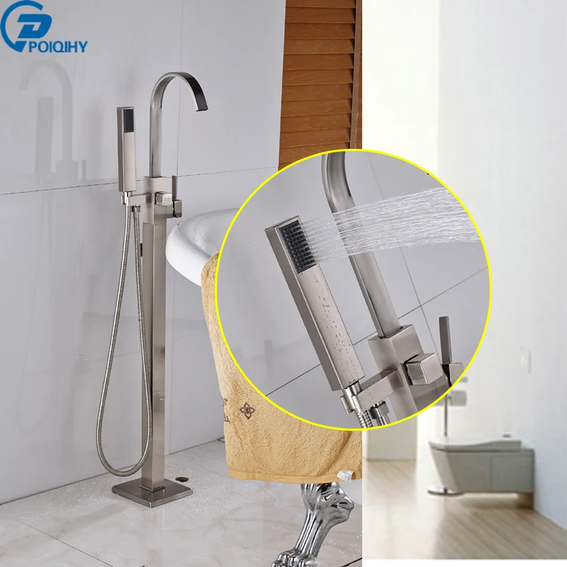 

POIQIHY brushed free standing bathtub faucet mixer tap handheld shower bathroom tub filler