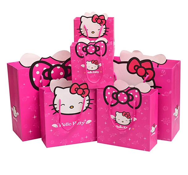 

100PCS/LOT Cartoon Cat Paper Bag/Paper Gift Bag Children Birthday Gift Packing Hot Pink Kitty
