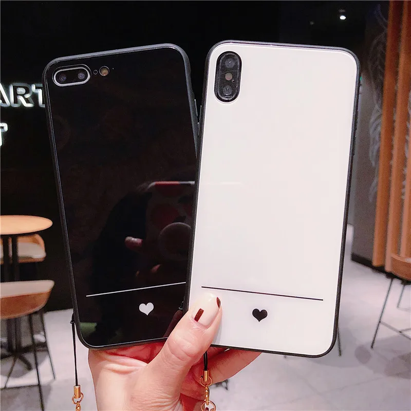 

For Iphone Xr Case Simple Love Heart Couples Phone Case for Iphone X 7/7 Plus 8 6 6s Plus Xs Max Tempered Glass Cover with Strap