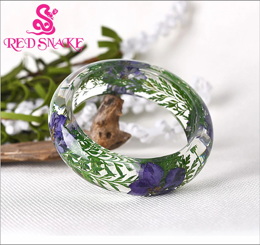 Красный Змеиный Модный Чистый ручной фиолетовый цветок и зеленые листья форма внутри прозрачный полимерный браслет для женщин