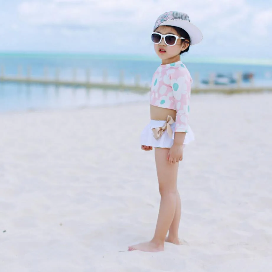 Розовый купальник для девочек детский цветочный купальный костюм Лето для пляжа для купания костюм из двух предметов детский купальник с длинными рукавами для девочек 341