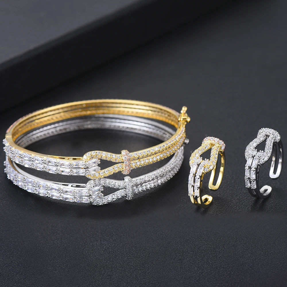 GODKI Luxury Bowknot Bangle Ring Sets Fashion Dubai Silver Bridal Jewelry Sets For Women Wedding brincos para as mulheres 2018