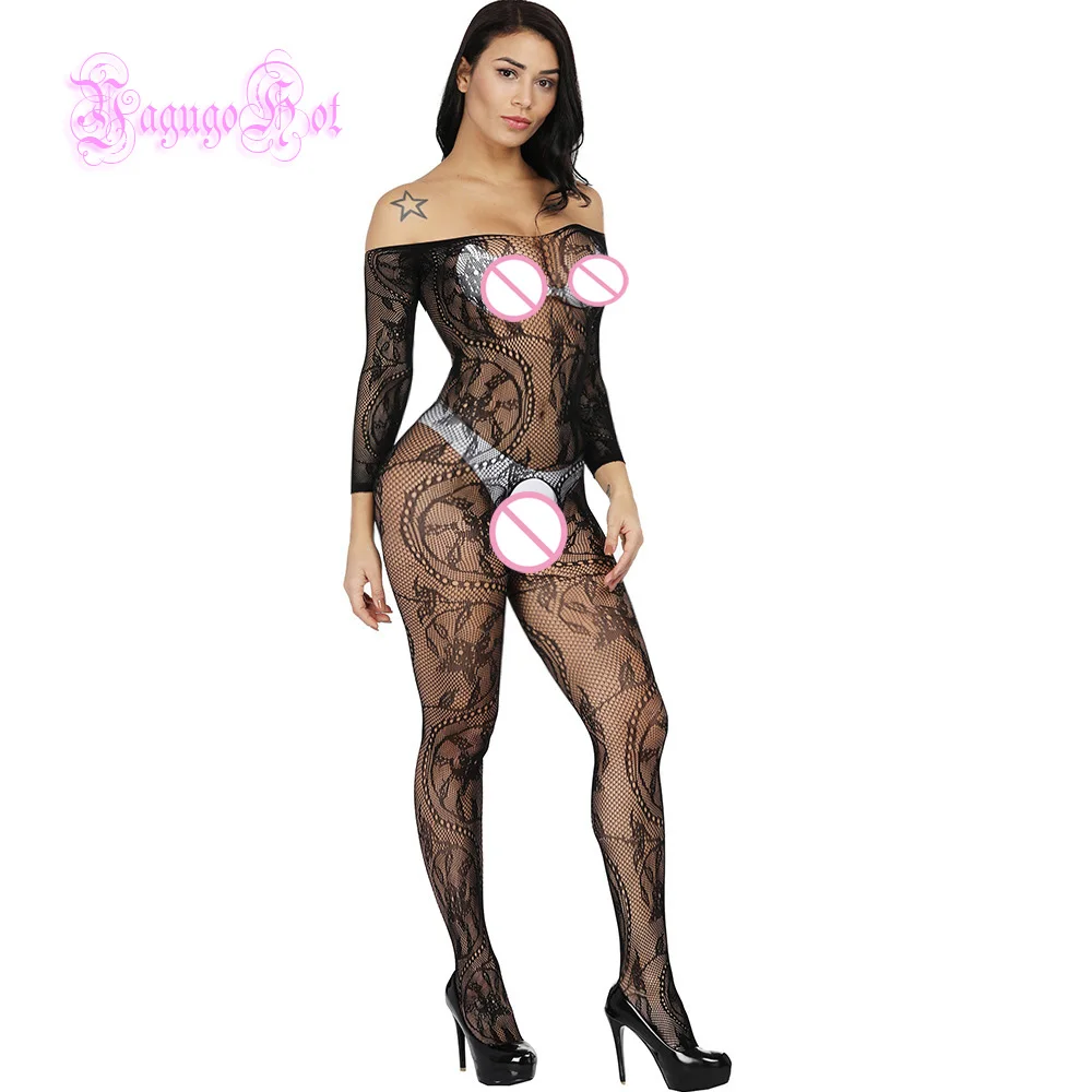 Sexy Fishnet Sheer Crotchless Swirly Lace Teddy Floral Long Sleeved Bodystocking Lingerie Intimates Babydoll Bodysuit Catsuit - Цвет: Black