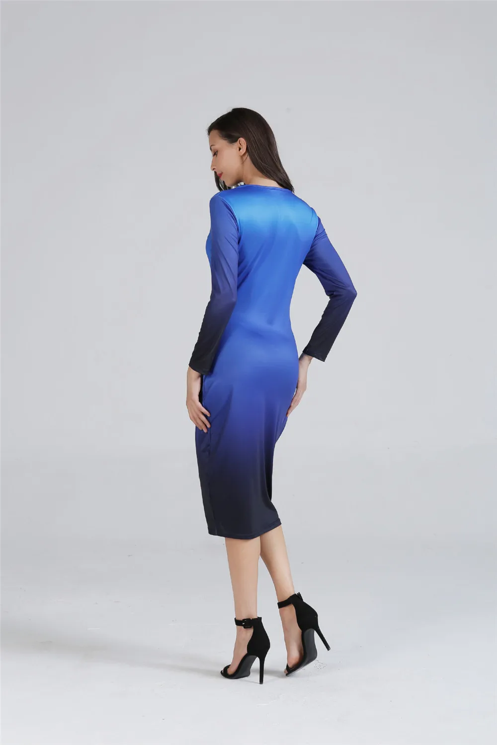 Women Basic Dress 2018 Gradient Ramp O Neck Long Sleeve Slim Dresses Bodycon Midi Office Working Dress Elegant All Match (10)