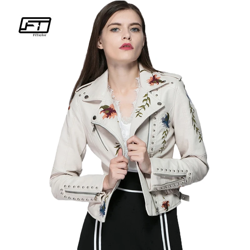 

Fitaylor Embroidery Floral PU Leather Jacket Fashion Punk Zipper Rock Rivet White Faux Leather Jacket Autumn Winter Coat