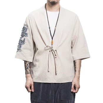 

2019 Men Cotton Linen Shirts Men Kimono Traditional Shirt Male Three Quarter Sleeve Shirt Harajuku Mens Streetwear Open Stitch